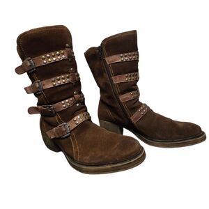Studded Buckle Moto Boots Brown Suede Leather Mid-Calf Chunky Heel EU 41